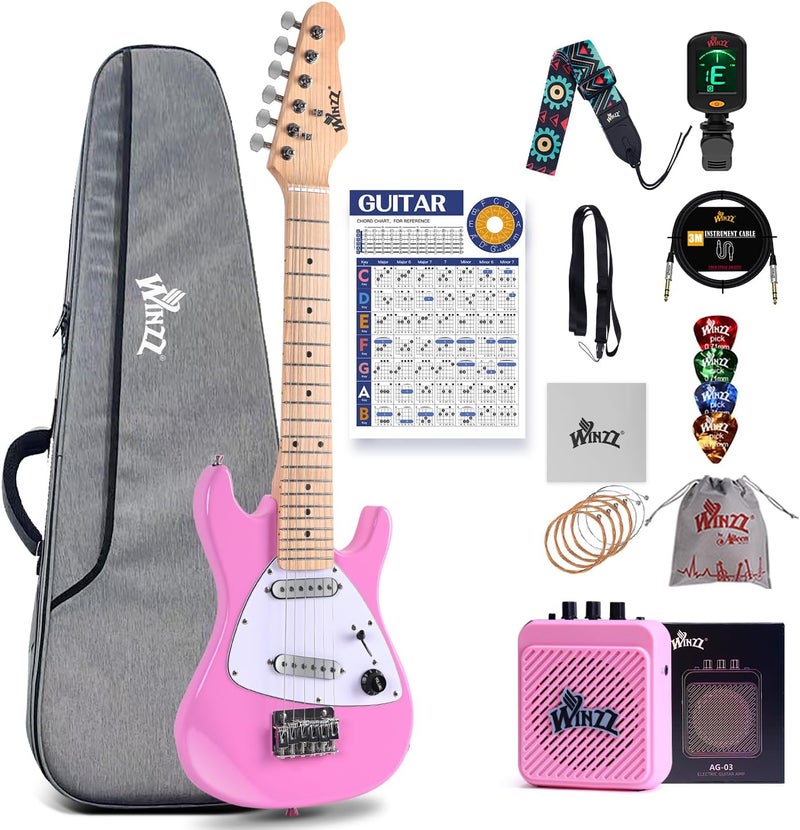 Winzz 30 Inch Kids Electric Guitar Beginner Kit, Junior 1/4 Size Mini Electric Guitar for Children Complete Stater Set with Amp, Gloosy Pink Colour - Image 1